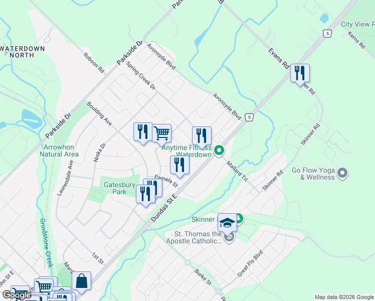 map of restaurants, bars, coffee shops, grocery stores, and more near 39 Blue Sky Trail in Hamilton