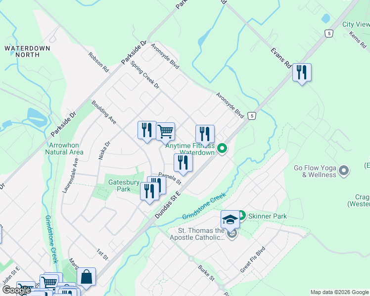 map of restaurants, bars, coffee shops, grocery stores, and more near 49 Blue Sky Trail in Hamilton