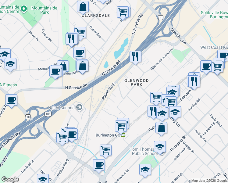 map of restaurants, bars, coffee shops, grocery stores, and more near 2220 Queensway Drive in Burlington
