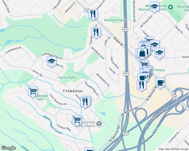 map of restaurants, bars, coffee shops, grocery stores, and more near 1383 Winterberry Drive in Burlington