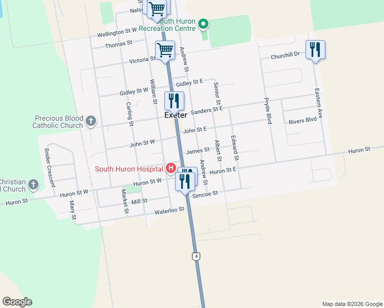 map of restaurants, bars, coffee shops, grocery stores, and more near 42 James Street in Exeter