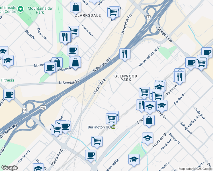 map of restaurants, bars, coffee shops, grocery stores, and more near 2232 Queensway Drive in Burlington