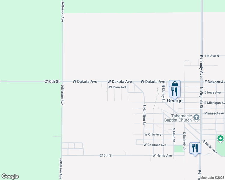 map of restaurants, bars, coffee shops, grocery stores, and more near 201 North Maple Street in George