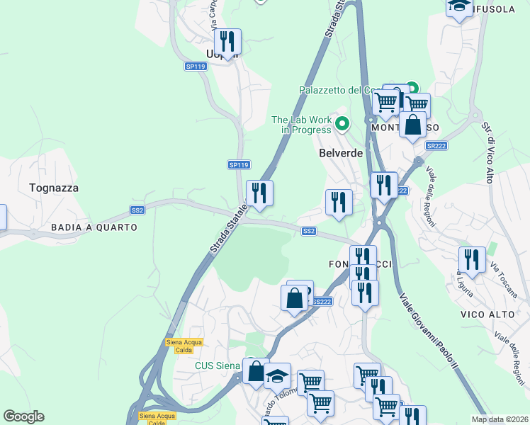 map of restaurants, bars, coffee shops, grocery stores, and more near 4 Via Uopini in Provincia di Siena