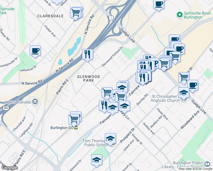 map of restaurants, bars, coffee shops, grocery stores, and more near 2313 Fassel Avenue in Burlington