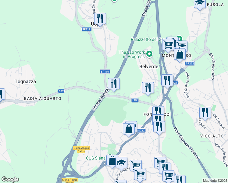 map of restaurants, bars, coffee shops, grocery stores, and more near 4 Via Uopini in Provincia di Siena