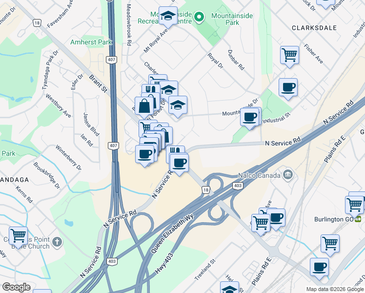 map of restaurants, bars, coffee shops, grocery stores, and more near 1259 Brant Street in Burlington