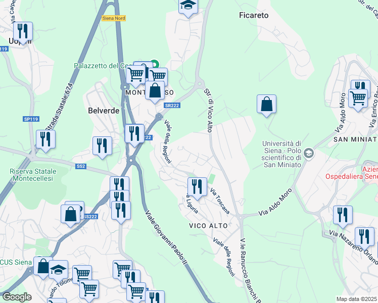 map of restaurants, bars, coffee shops, grocery stores, and more near 39 Via Sicilia in Siena