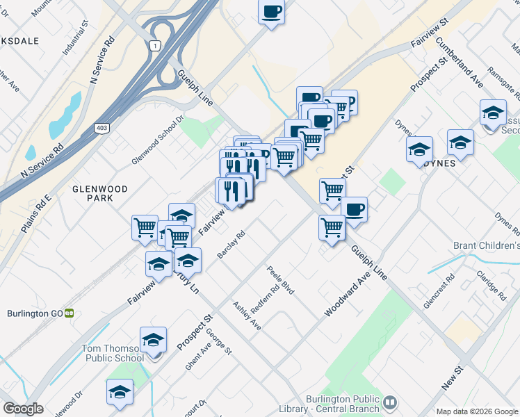 map of restaurants, bars, coffee shops, grocery stores, and more near 2400 Fairview Street in Burlington