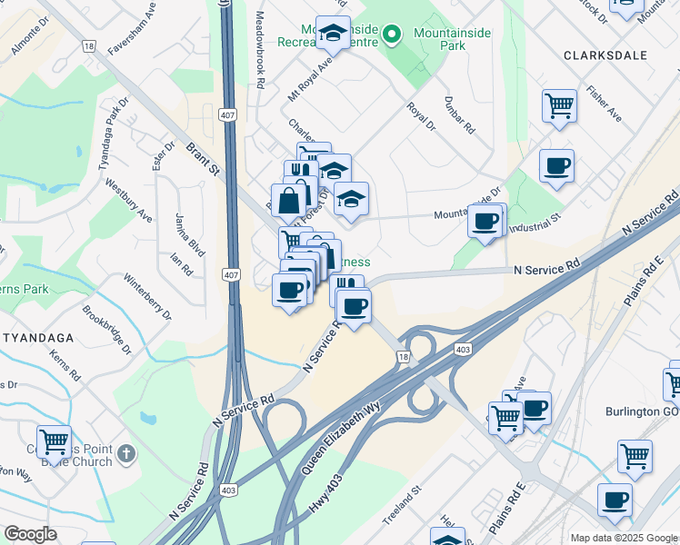 map of restaurants, bars, coffee shops, grocery stores, and more near 1275 Brant Street in Burlington