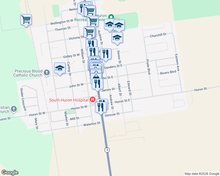 map of restaurants, bars, coffee shops, grocery stores, and more near 42 James Street in Exeter