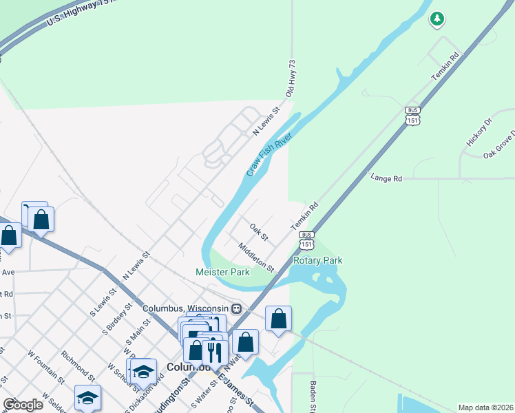 map of restaurants, bars, coffee shops, grocery stores, and more near 752 North Main Street in Columbus