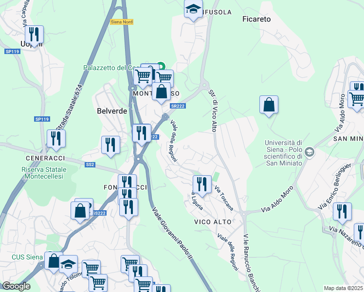 map of restaurants, bars, coffee shops, grocery stores, and more near 39 Via Sicilia in Siena