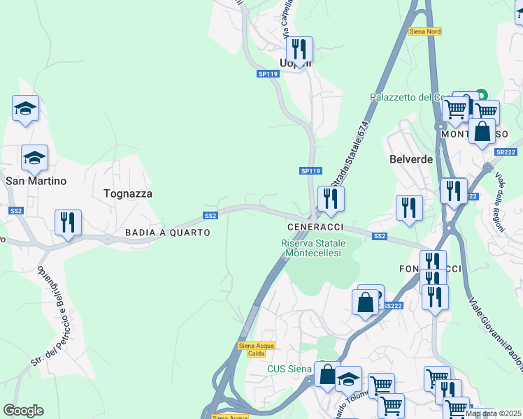 map of restaurants, bars, coffee shops, grocery stores, and more near Via dei Gerani in San Dalmazio