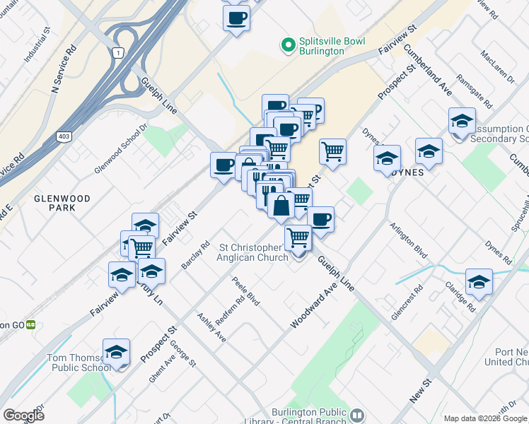 map of restaurants, bars, coffee shops, grocery stores, and more near in Burlington