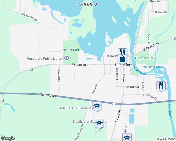 map of restaurants, bars, coffee shops, grocery stores, and more near 505 West Griffith Street in Hustisford