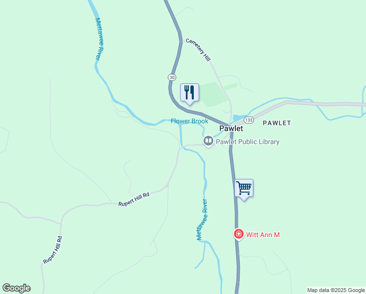 map of restaurants, bars, coffee shops, grocery stores, and more near School Street in Pawlet