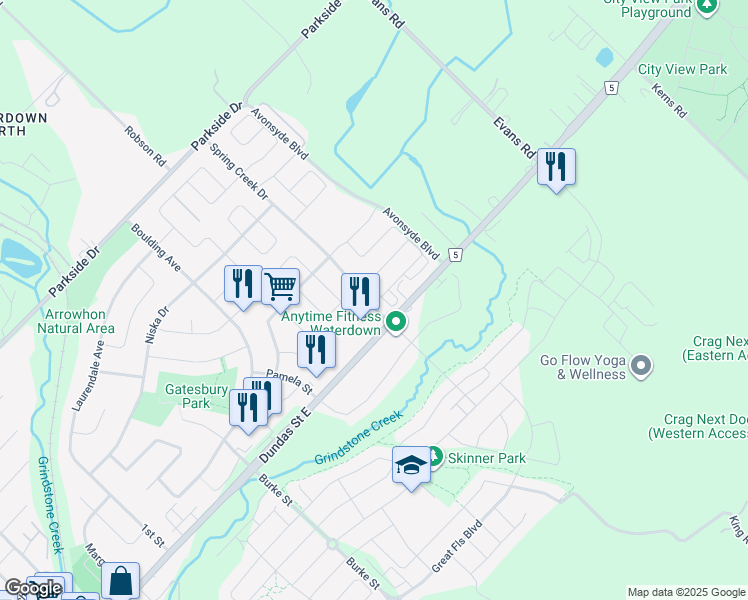 map of restaurants, bars, coffee shops, grocery stores, and more near 2 Spring Creek Drive in Hamilton