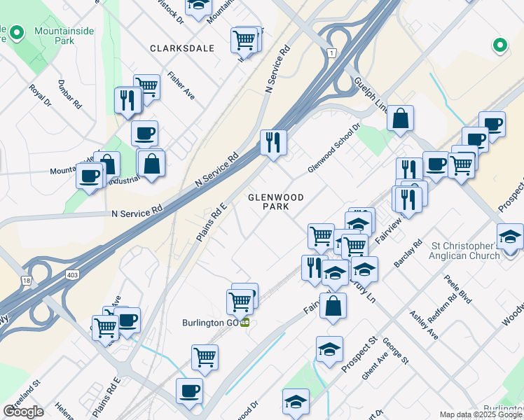 map of restaurants, bars, coffee shops, grocery stores, and more near 2277 Glenwood School Drive in Burlington