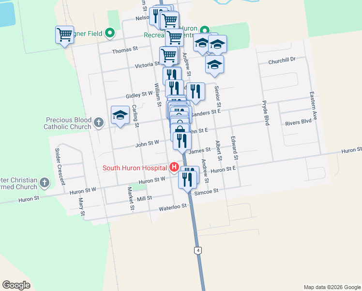 map of restaurants, bars, coffee shops, grocery stores, and more near 411 Main Street South in South Huron