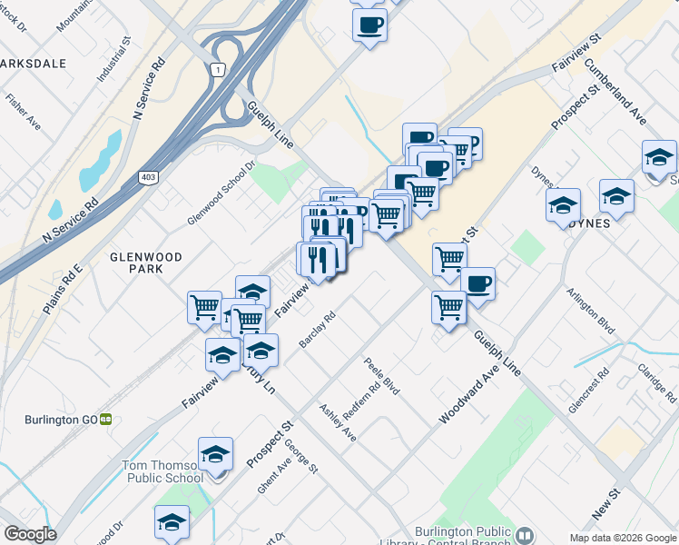 map of restaurants, bars, coffee shops, grocery stores, and more near 2400 Fairview Street in Burlington