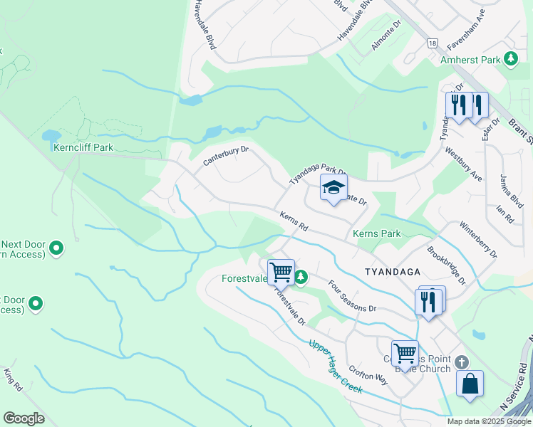 map of restaurants, bars, coffee shops, grocery stores, and more near 2048 Kerns Road in Burlington