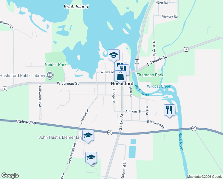 map of restaurants, bars, coffee shops, grocery stores, and more near 127 Ridge Street in Hustisford