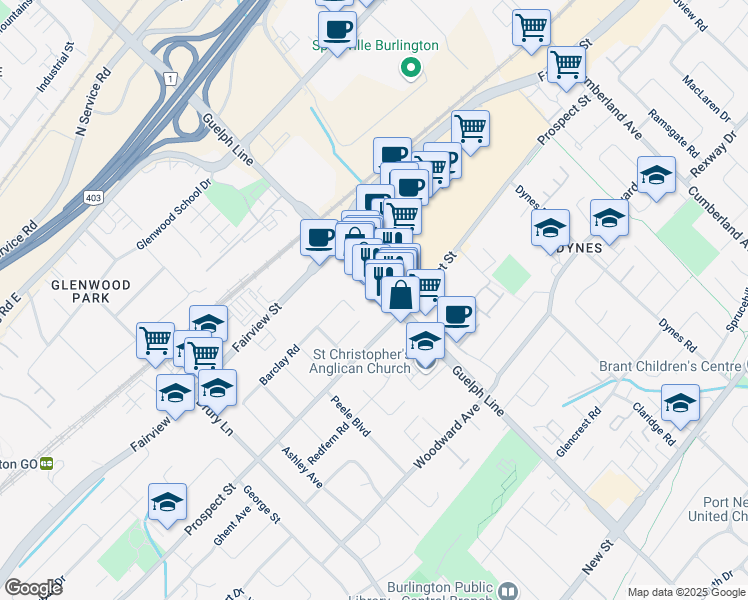 map of restaurants, bars, coffee shops, grocery stores, and more near 777 Guelph Line in Burlington