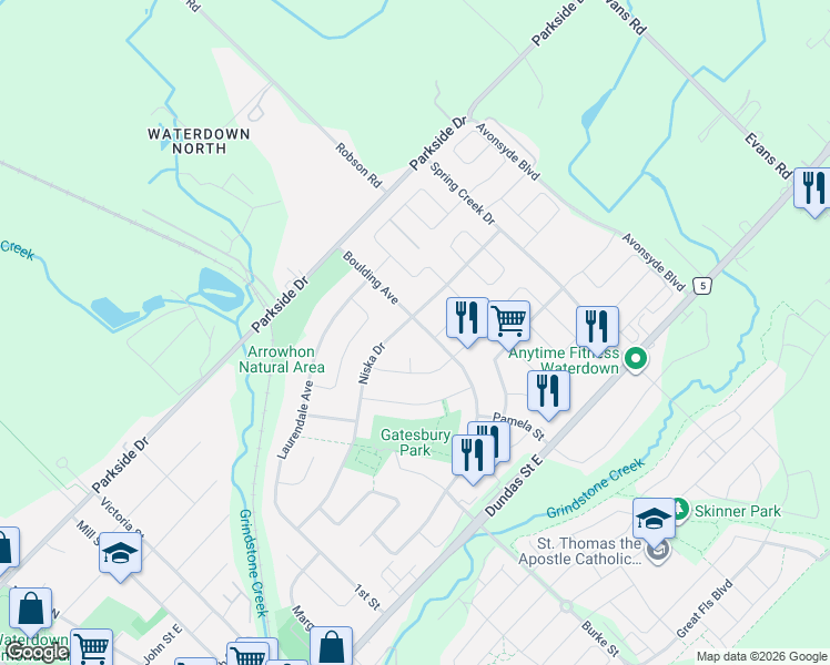 map of restaurants, bars, coffee shops, grocery stores, and more near 123 Boulding Avenue in Hamilton