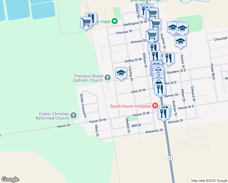 map of restaurants, bars, coffee shops, grocery stores, and more near 379 Marlborough Street in Exeter