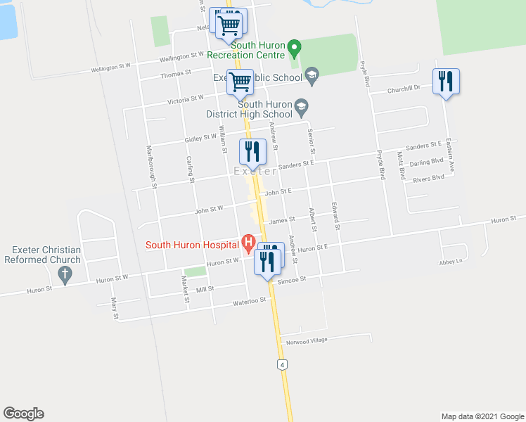 map of restaurants, bars, coffee shops, grocery stores, and more near 412 Main Street South in Exeter