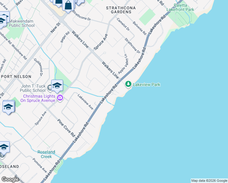 map of restaurants, bars, coffee shops, grocery stores, and more near 3500 Lakeshore Road in Burlington