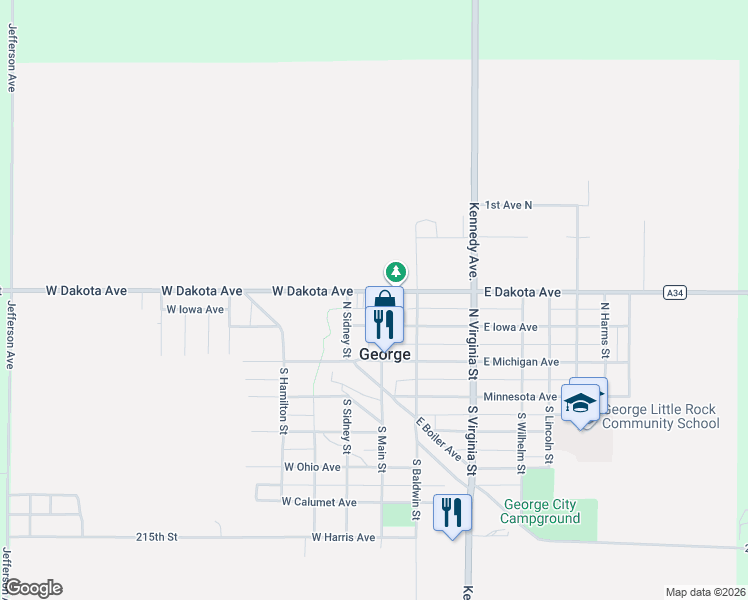 map of restaurants, bars, coffee shops, grocery stores, and more near West Dakota Avenue in George