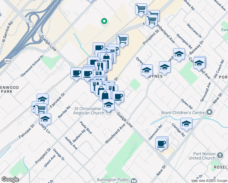 map of restaurants, bars, coffee shops, grocery stores, and more near 3030 Prospect Street in Burlington