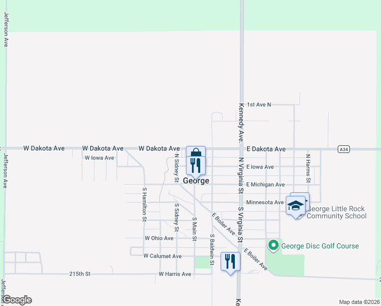 map of restaurants, bars, coffee shops, grocery stores, and more near West Dakota Avenue in George