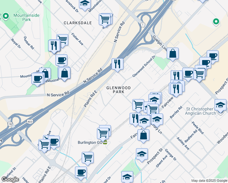map of restaurants, bars, coffee shops, grocery stores, and more near 2283 Glenwood School Drive in Burlington