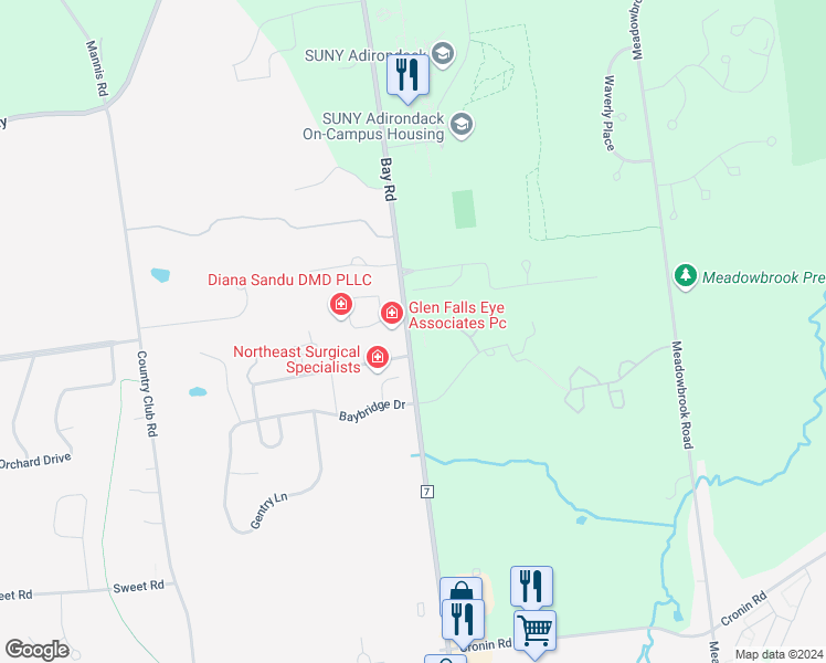 map of restaurants, bars, coffee shops, grocery stores, and more near 536 County Road 7 in Queensbury