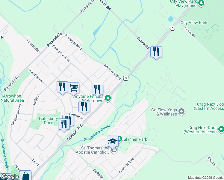 map of restaurants, bars, coffee shops, grocery stores, and more near 493 Hamilton Regional Road 5 in Hamilton