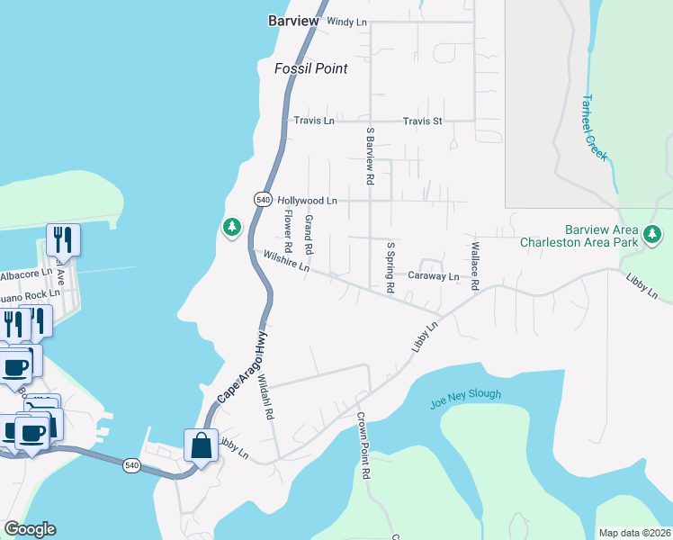 map of restaurants, bars, coffee shops, grocery stores, and more near 63511 South Olive Road in Coos Bay