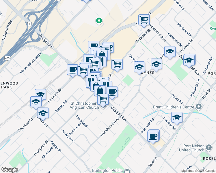 map of restaurants, bars, coffee shops, grocery stores, and more near 3030 Prospect Street in Burlington