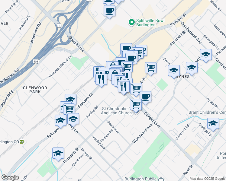 map of restaurants, bars, coffee shops, grocery stores, and more near 2441 Barclay Road in Burlington