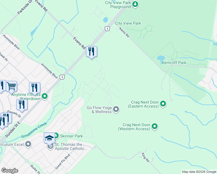 map of restaurants, bars, coffee shops, grocery stores, and more near 35 Gardenbrook Trail in Hamilton