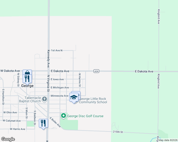 map of restaurants, bars, coffee shops, grocery stores, and more near 859 East Dakota Avenue in George