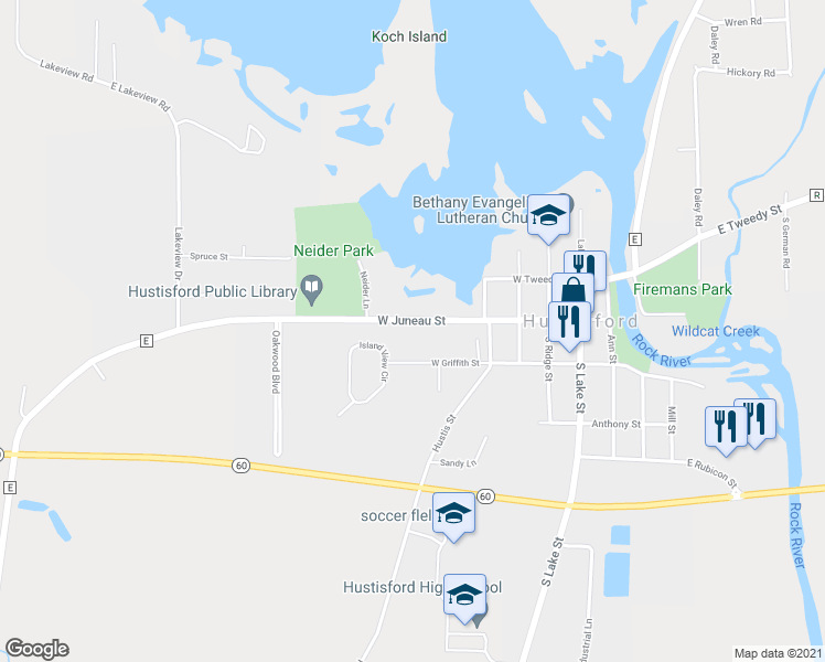 map of restaurants, bars, coffee shops, grocery stores, and more near 500 West Juneau Street in Hustisford