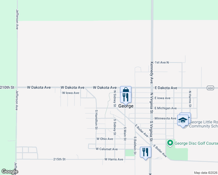 map of restaurants, bars, coffee shops, grocery stores, and more near West Dakota Avenue in George