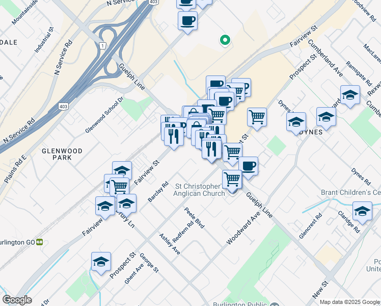 map of restaurants, bars, coffee shops, grocery stores, and more near 2435 Barclay Road in Burlington