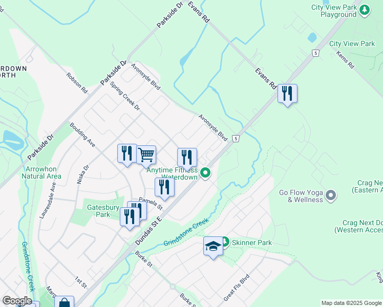 map of restaurants, bars, coffee shops, grocery stores, and more near 2 Spring Creek Drive in Hamilton