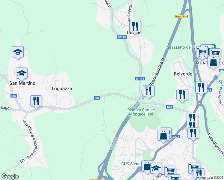 map of restaurants, bars, coffee shops, grocery stores, and more near Via dei Gerani in San Dalmazio