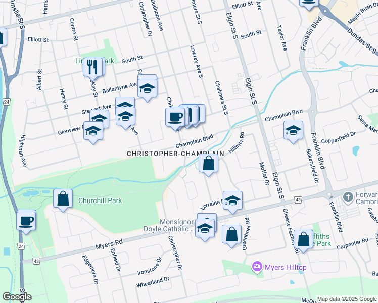 map of restaurants, bars, coffee shops, grocery stores, and more near 140 Christopher Drive in Cambridge