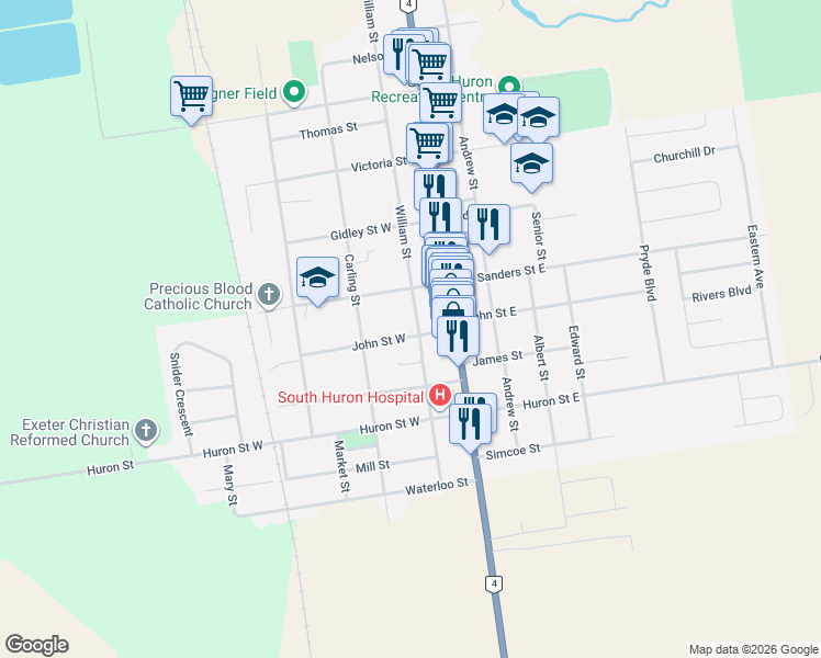 map of restaurants, bars, coffee shops, grocery stores, and more near 398 William Street in Exeter